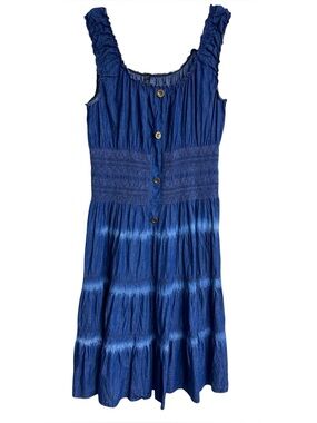 Lapis Sleeveless Chambray Blue Denim Smocked Tiered Boho Western Midi Dress